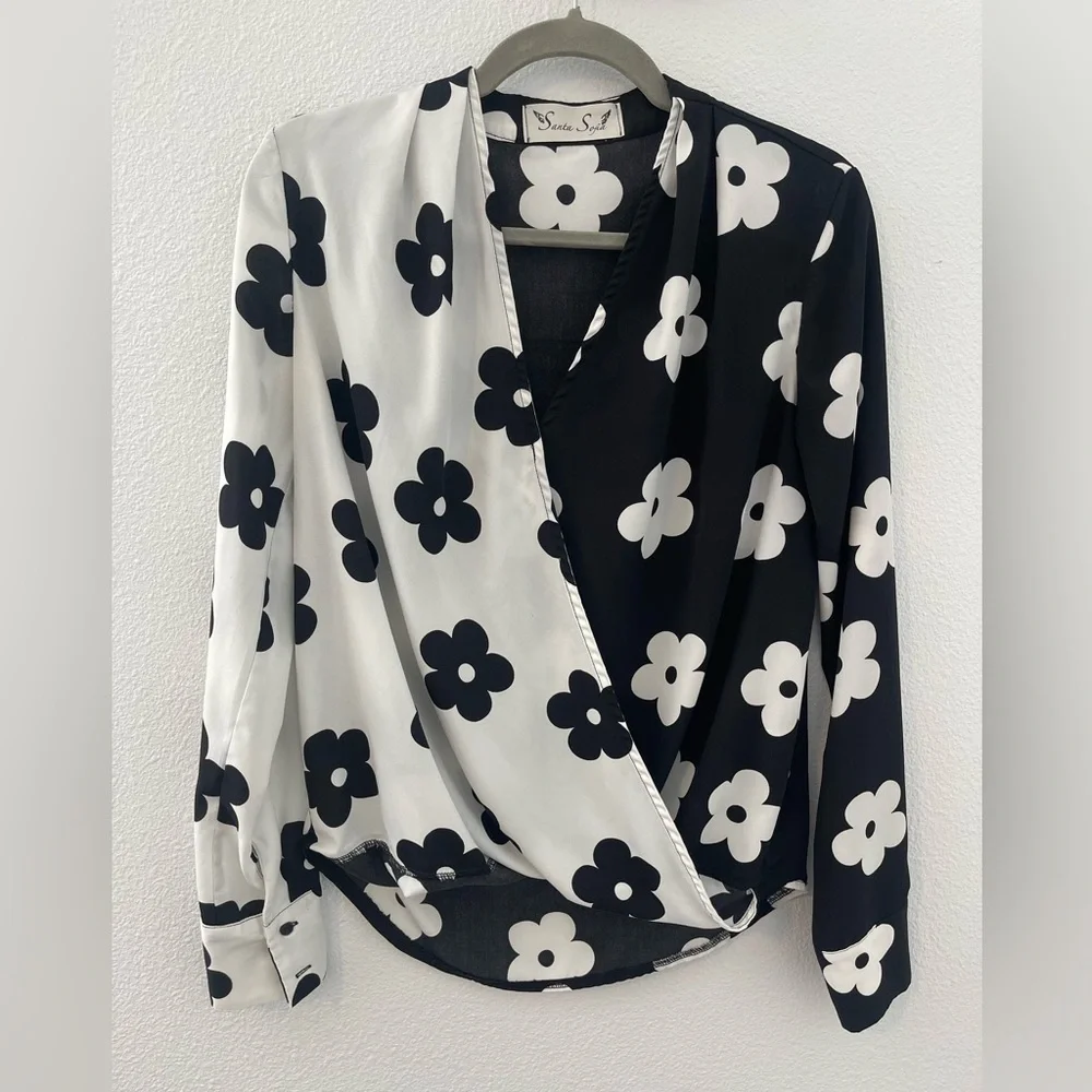 Floral Faux Wrap Blouse in Black and White - Picture 2 of 5